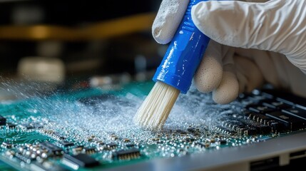 Close-up of gloved hands using a brush to clean a circuit board, with dust particles visible.
