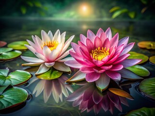 Elegant Water Lilies Blooming on Dark Green Textured Background - Nature Stock Photo