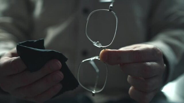 A man wipes his glasses.
A man with glasses in his hands.
A man wipes his glasses with a napkin.
A man holds glasses in his hands;