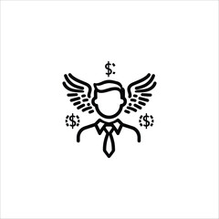 Winged Business Icon Vector – Silhouette of a Person Wearing a Tie with Dollar Signs Representing Financial Success and Wealth.