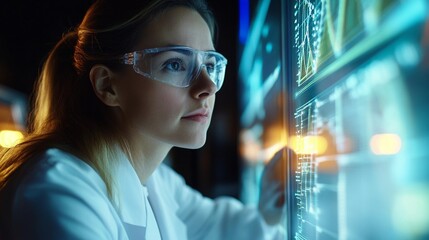 Caucasian female scientist analyzing data on touchscreen interface in laboratory setting