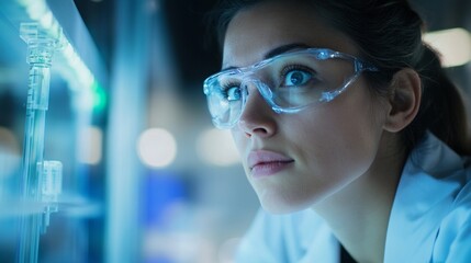 Female scientist analyzing data in laboratory setting with protective glasses