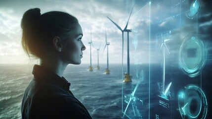 Young caucasian female engineer analyzing virtual data by offshore wind turbines