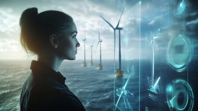 Young caucasian female engineer analyzing virtual data by offshore wind turbines
