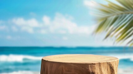 Wooden podium with blue beach in the background