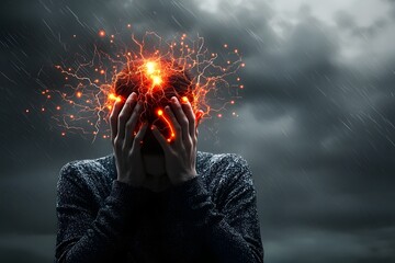 Unleashing Inner Turmoil: A person in deep distress, their head emanating crackling energy under a stormy sky, a visual metaphor for emotional overload. 