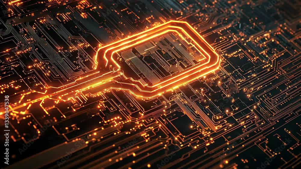 Poster key icon designed with computer circuit board elements illuminated by light trails in a digital envi