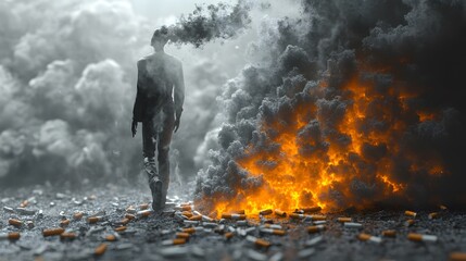 Fototapeta premium Person exhaling fresh clean air while cigarettes fade away behind them inspiring freedom 3D render