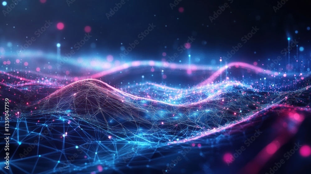 Poster Abstract digital landscape with glowing particles and lines, representing data flow and connectivity.