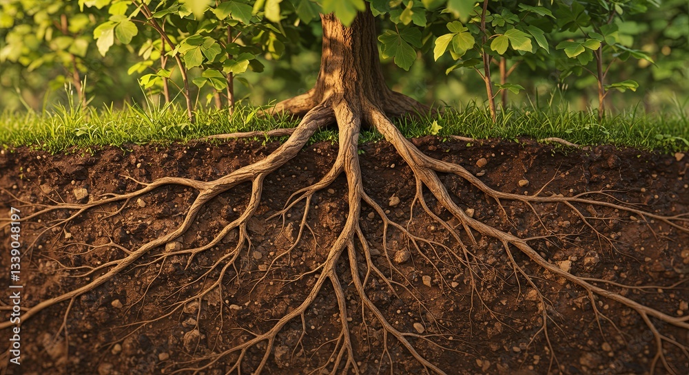 Poster a tree with its roots visible in the dirt
