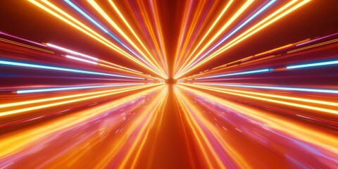 Tangerine, Apricot, and Pumpkin colored streaks form an abstract neon lights tunnel. 3D Render.