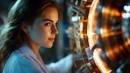 Young caucasian female scientist examining futuristic quantum physics experiment