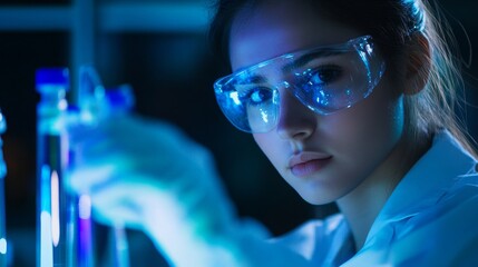 Young caucasian female scientist conducting laboratory experiment with test tubes