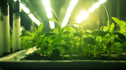 Obraz premium Hydroponic lettuce growth under led lights in modern indoor farm