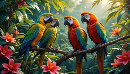 Colorful parrots interacting in lush jungle wildlife photography