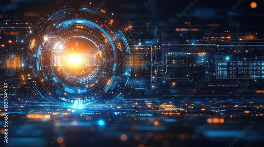 Aufkleber abstract digital technology background with glowing circular interface and data streams.