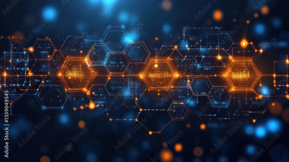 Aufkleber abstract digital technology background with glowing hexagons and data streams.