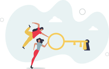 Key to success, teamwork, people to help solve problem, career opportunity, unlock secret or discovery, motivation concept.flat character life .