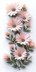 Obraz premium Delicate Pink Paper Flowers with Green Leaves Arranged on a White Background for Art and Decoration