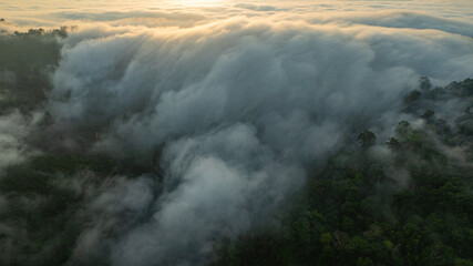 landscape, with layers of fog and vibrant colors painting the horizon. The serene atmosphere and natural beauty