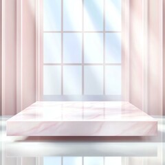 Bright room with a marble platform and window.