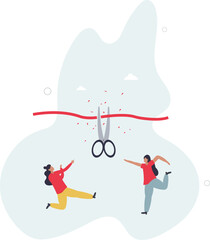 Cut ribbon to start new business, startup launch new product ceremony or great beginning celebration event.flat character life .