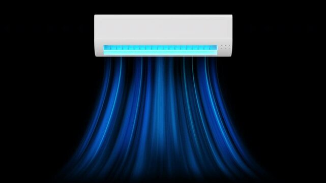 Air conditioner blows cold air, static camera. 3D animation or an air conditioner on black and green screen background.