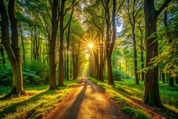Obraz premium Panoramic Forest Shadows: Isolated Woodland Path Stock Photo