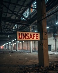 Obraz premium A sign that says Unsafe is on a pole in a dark, empty building