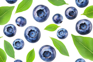 Falling blueberries with leaves isolated on white or transparent background