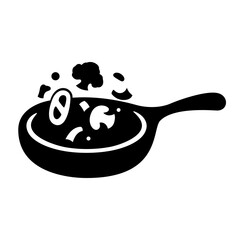 Black graphic of cooking with a pan, stir-fried vegetable menu symbol