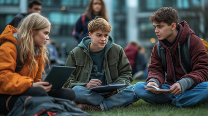 Fototapeta premium A group of young people are having a serious discussion in an open space, sitting in a circle on the grass.