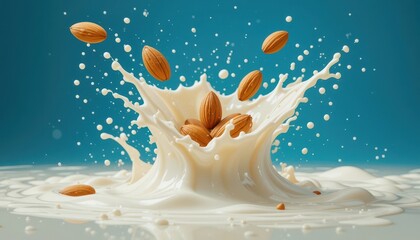 Almonds splashing in milk kitchen food photography bright aesthetic