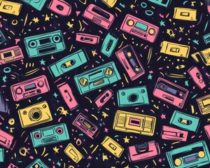 90s nostalgia doodle pattern with handdrawn cassette tapes and funky lines