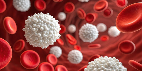 detailed illustration of leukemia affected bloodstream showing abnormal white blood cells