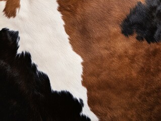 Cowhide in natural tones exhibits brown, black, and white patches. Close-up texture highlights fur's soft, rich pattern. Rustic style conveys warmth, ideal for interior decoration.