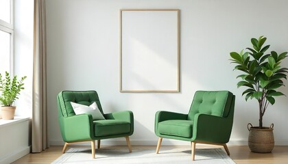 Minimalist composition of living room interior with design green armchair, mockup blank frame, plant and decorations. Home decor scandi
