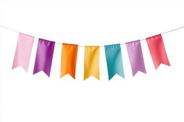 Obraz premium A colorful banner with a rainbow of colors hanging from a line. The banner is made of fabric and has a variety of colors, including pink, purple, blue, green, yellow, and orange