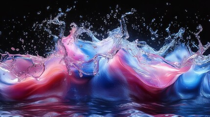 Abstract vibrant pink and blue liquid splash with reflections on black background.