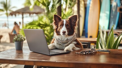 Digital nomad lifestyle with a rich dog by the beach, luxury beachside workspace featuring a rich digital nomad dog. Playful dog working on a laptop outdoors.