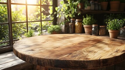 Fototapeta premium Rustic Wooden Table in Cozy Kitchen with Natural Lighting