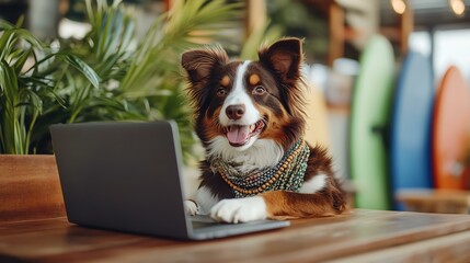Digital nomad lifestyle with a rich dog by the beach, luxury beachside workspace featuring a rich digital nomad dog. A dog working on a laptop in a cafe.