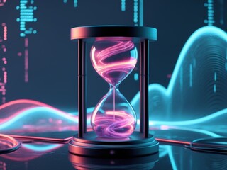Futuristic Hourglass with Neon Lights and Holographic Effects - Cyberpunk Aesthetics in a Digital World.