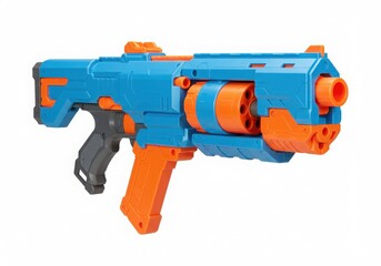A toy gun with a blue and orange color scheme on a white background in a studio setting view