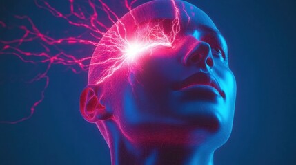 Abstract Representation of the Trigeminal Nerve and Pain Zones in the Forehead and Temple, Illuminated with Bright Colors in a Futuristic Style