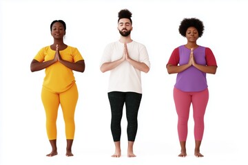 Obraz premium Three people are standing in a row, each with a different colored shirt. They are all wearing yoga pants and are in a meditative pose. Concept of calm and relaxation