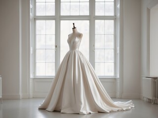 Ivory satin ballgown displayed in bridal salon.