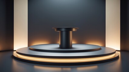 modern round podium illuminated by soft glowing lights in dark room.