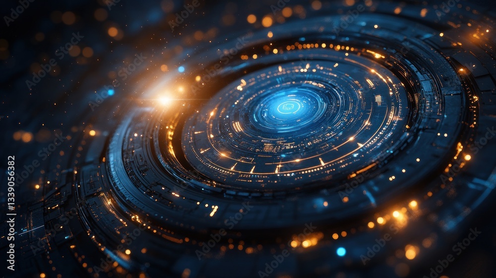 Aufkleber abstract futuristic technology circular design with glowing lights and dark metallic textures.