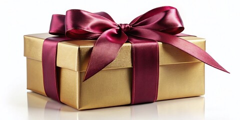 Obraz premium Elegant Gold Gift Box with Burgundy Ribbon Bow - Luxury Present Packaging Stock Photo